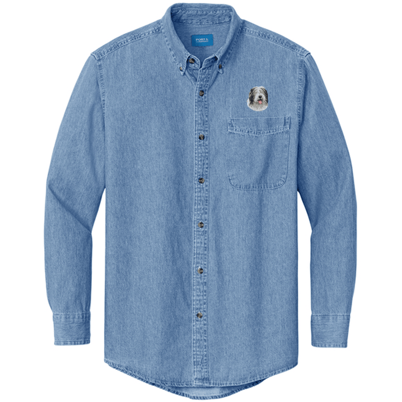 Old English Sheepdog Embroidered Men's Denim Shirt
