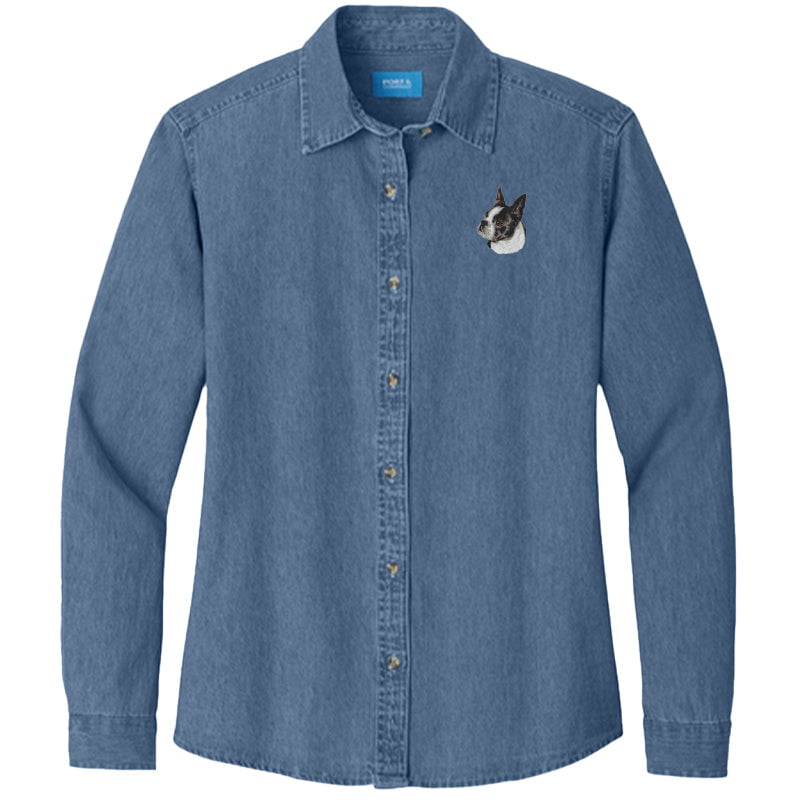 Boston Terrier Embroidered Women's Denim Shirt