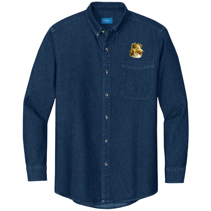 Shetland Sheepdog Embroidered Men's Denim Shirt