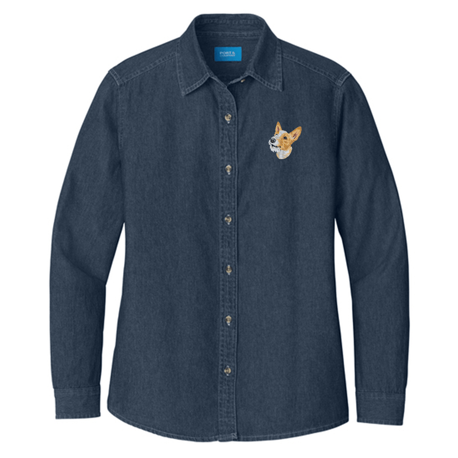 Portuguese Podengo Pequeno Embroidered Women's Denim Shirt