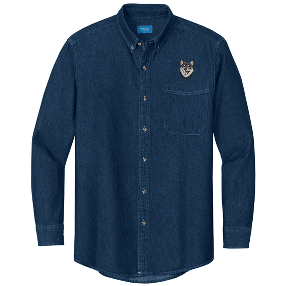 Shiba Inu Embroidered Men's Denim Shirt