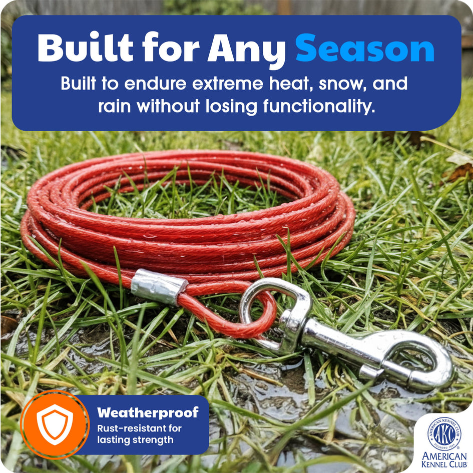American Kennel Club Dog Tie Out Cable 20 Feet, 5mm Heavy Duty Vinyl Coated Dog Lead Up to 110 lbs, Tangle-Free Runner, Rust-Free, Quick Release Swivel Clips, 360° Rotating Clasp, Red
