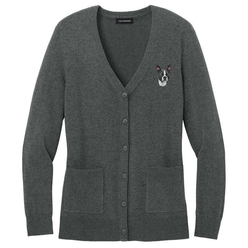 Boston Terrier Embroidered Button-Up Cardigan Sweater