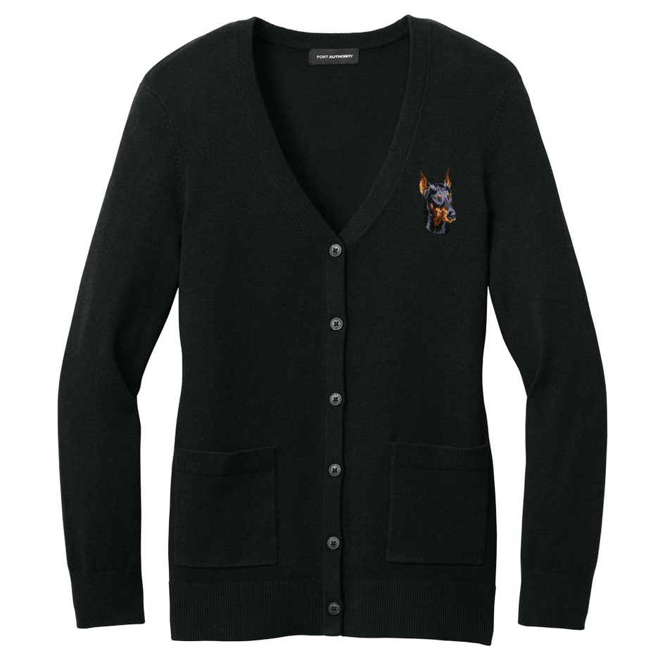 Doberman Pinscher Embroidered Button-Up Cardigan Sweater