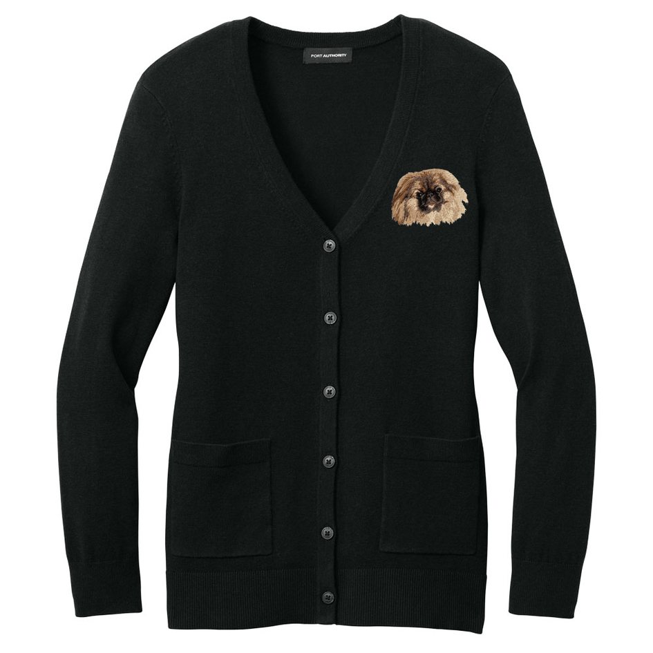 Pekingese Embroidered Button-Up Cardigan Sweater