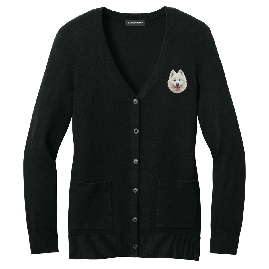 Samoyed Embroidered Button-Up Cardigan Sweater