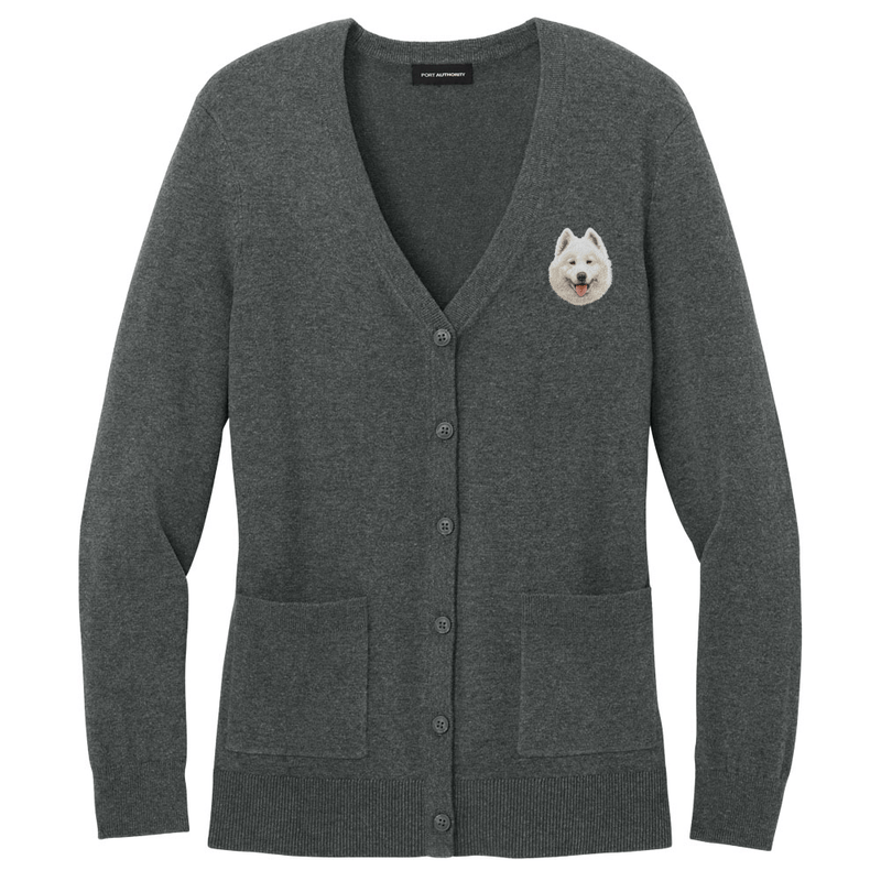 Samoyed Embroidered Button-Up Cardigan Sweater
