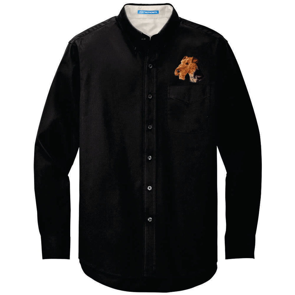 Airedale Terrier Embroidered Long Sleeve Button Up Shirt