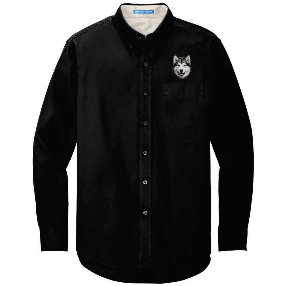 Alaskan Malamute Embroidered Long Sleeve Button Up Shirt
