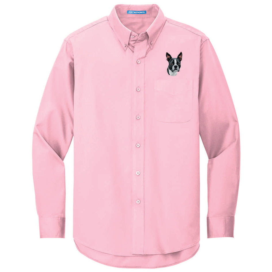 Boston Terrier Embroidered Long Sleeve Button Up Shirt