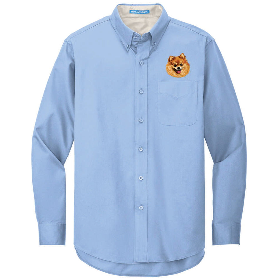 Pomeranian Embroidered Long Sleeve Button Up Shirt