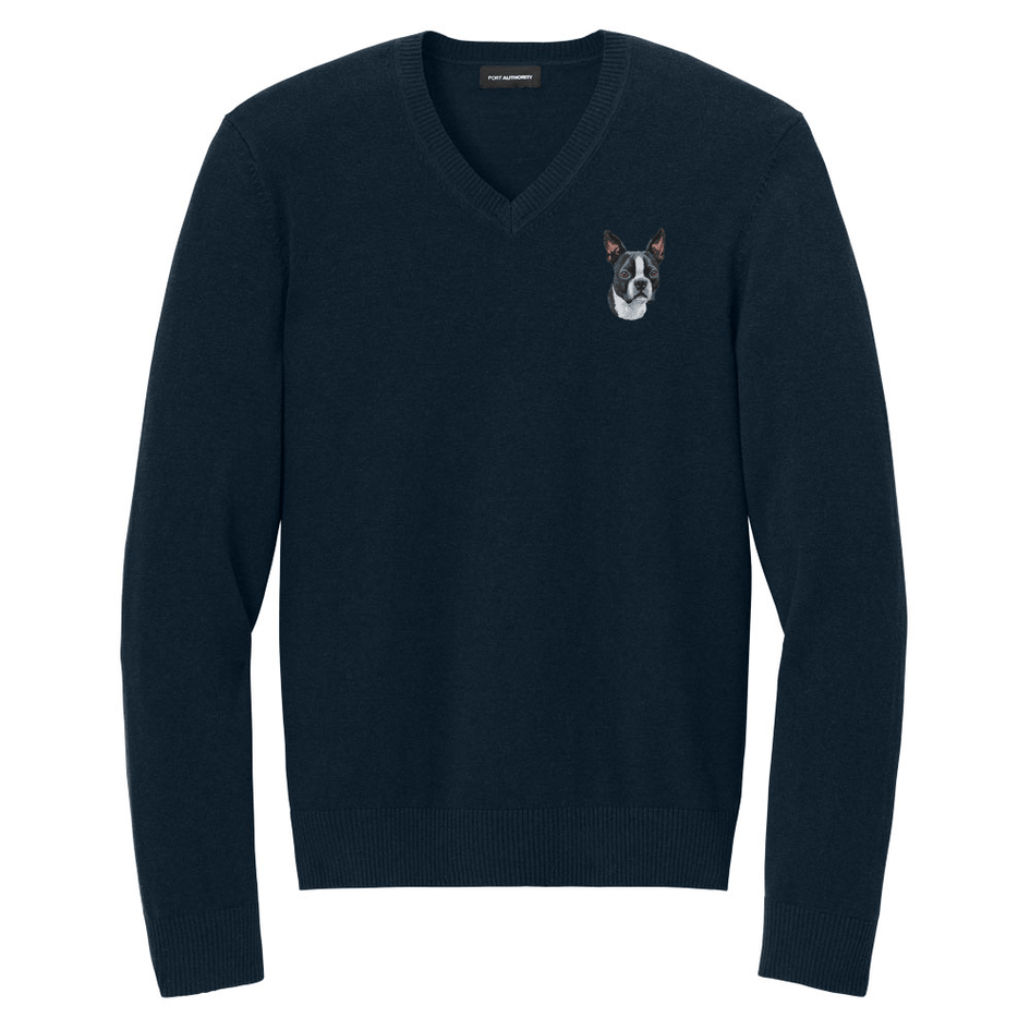 Boston Terrier Embroidered V-Neck Sweater