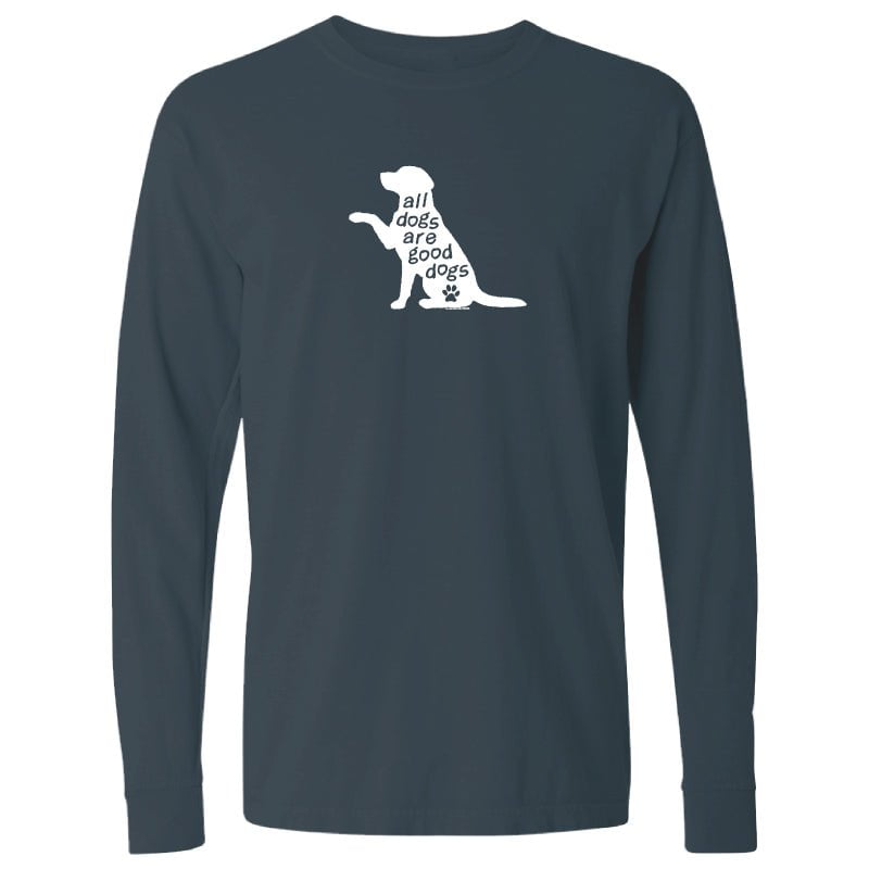 A dark slate blue long-sleeve t-shirt with a white graphic of a sitting dog and the text 'all dogs are good dogs' on the chest, displayed on a solid white background.
