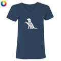 A navy blue women's V-neck t-shirt with a white graphic of a dog silhouette and the text 'all dogs are good dogs' on the chest, shown against a plain white background.