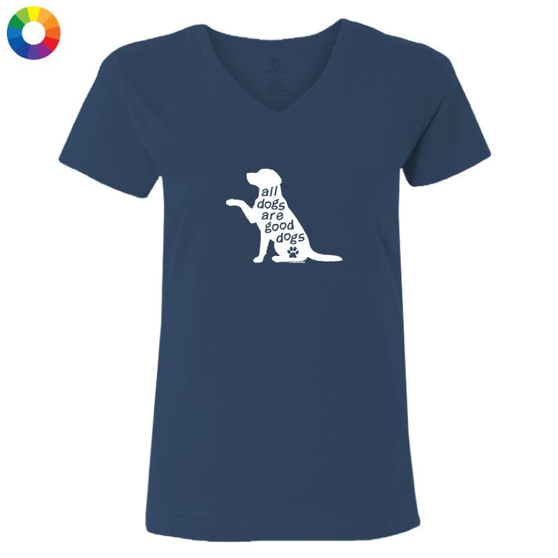 A navy blue women's V-neck t-shirt with a white graphic of a dog silhouette and the text 'all dogs are good dogs' on the chest, shown against a plain white background.