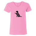 A pink short-sleeve V-neck t-shirt with a black silhouette of a sitting dog and the text 'all dogs are good dogs' printed on the chest, shown against a plain white background.
