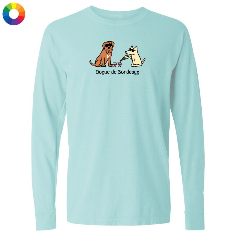 Light blue long-sleeve shirt with dog-themed graphic on a white background
