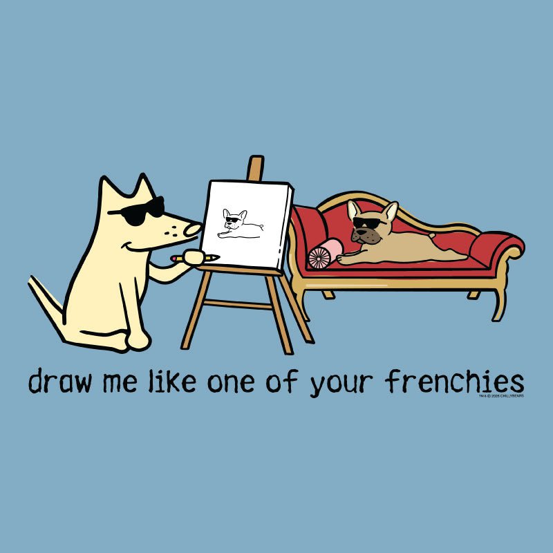 Cartoon dog drawing another dog on a easel with a blue background