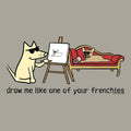 Cartoon dog drawing another dog on a easel with text 'draw me like one of your frenchies' on a beige background.