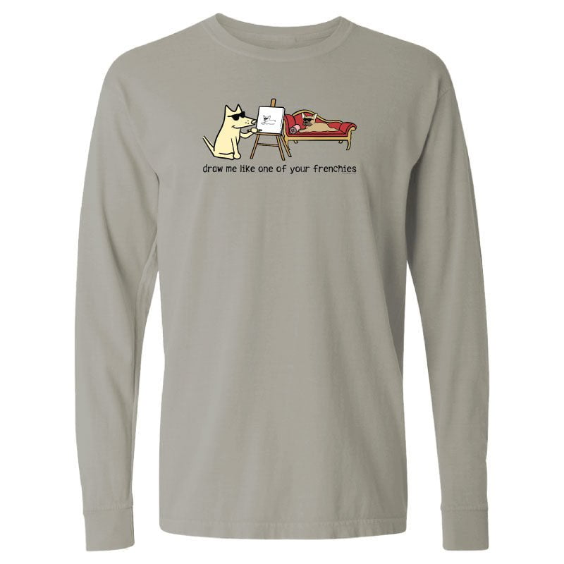 Gray long-sleeve shirt with a graphic of a cat drawing a dog on a white background
