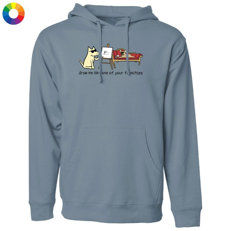 Blue hoodie with a cartoon design on a white background