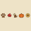 A horizontal row of five autumn-themed illustrations on a beige background: a brown paw print, a red maple leaf, a small dog in a brown coat, an orange pumpkin, and a yellow sunflower.