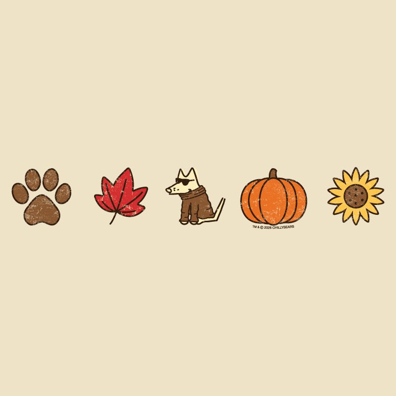 A horizontal row of five autumn-themed illustrations on a beige background: a brown paw print, a red maple leaf, a small dog in a brown coat, an orange pumpkin, and a yellow sunflower.