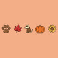 A peach-colored square graphic featuring five horizontal autumn-themed illustrations: a brown paw print, a red maple leaf, a small dog in a brown coat, an orange pumpkin, and a yellow sunflower.