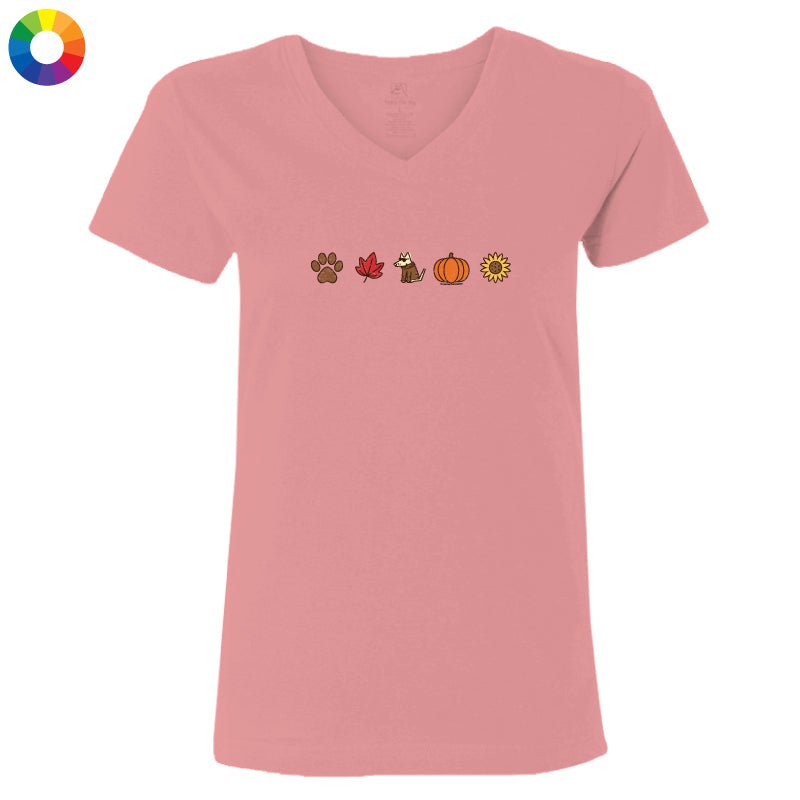 A pink women's V-neck t-shirt with a horizontal line of autumn-themed icons (a paw print, a maple leaf, a squirrel, a pumpkin, and a sunflower) printed across the chest. The t-shirt is displayed on a clean white background, with a small multicolor color wheel icon in the top-left corner.