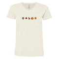 An off-white heathered V-neck t-shirt featuring a horizontal row of five small autumn-themed icons (a paw print, a maple leaf, a dog, a pumpkin, and a sun) printed across the chest.