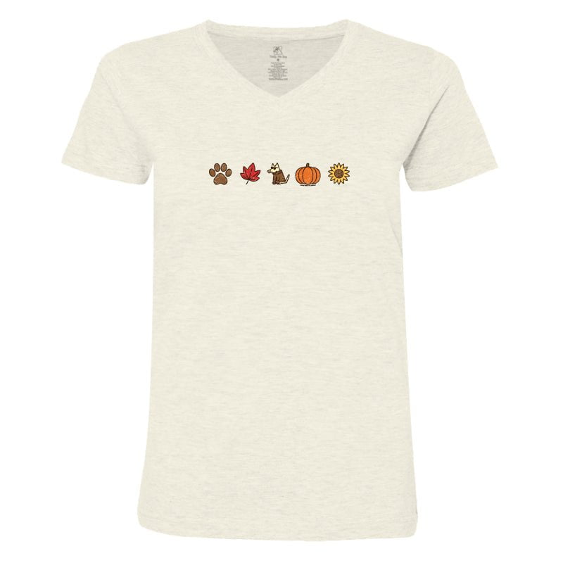 An off-white heathered V-neck t-shirt featuring a horizontal row of five small autumn-themed icons (a paw print, a maple leaf, a dog, a pumpkin, and a sun) printed across the chest.