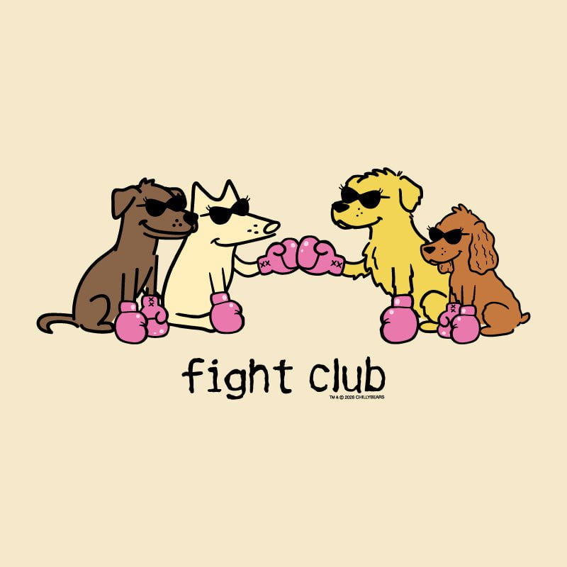 a graphic of four cartoon dogs on roller skates and the text 'fight club'