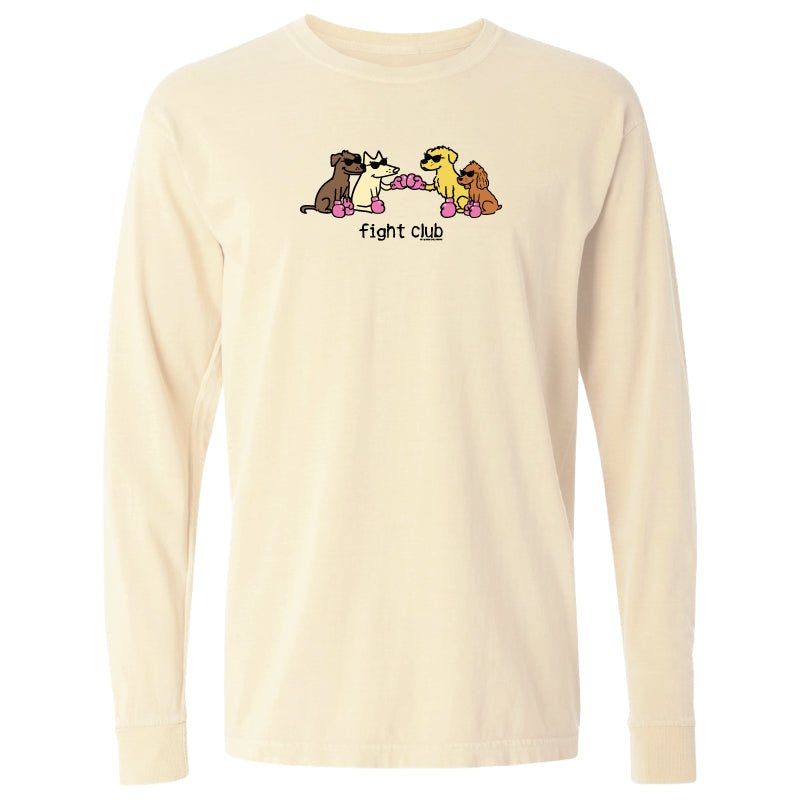 A cream-colored long-sleeve t-shirt with a graphic of four cartoon dogs on roller skates and the text 'fight club' printed on the chest, displayed against a solid white background.