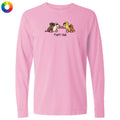 A pink long-sleeve t-shirt with a graphic of four cartoon dogs sitting on a pink trampoline and the text 'fight club' printed below them, shown on a plain white background.