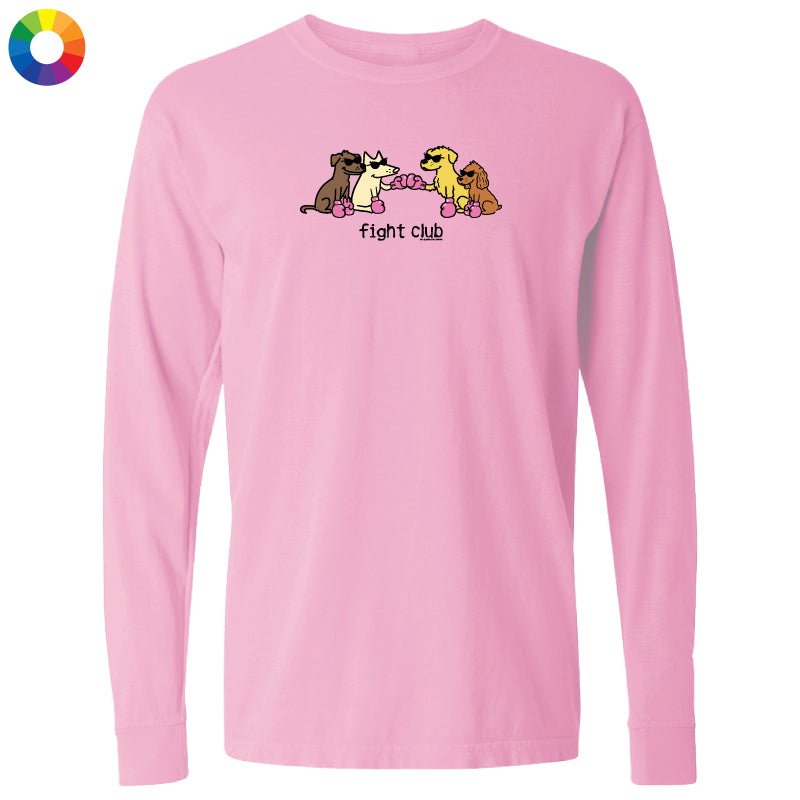 A pink long-sleeve t-shirt with a graphic of four cartoon dogs sitting on a pink trampoline and the text 'fight club' printed below them, shown on a plain white background.