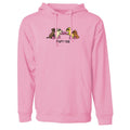 A pink pullover hoodie with a front kangaroo pocket and drawstring hood, featuring a graphic of four cartoon dogs in fighting poses with the text 'fight club' printed below them.