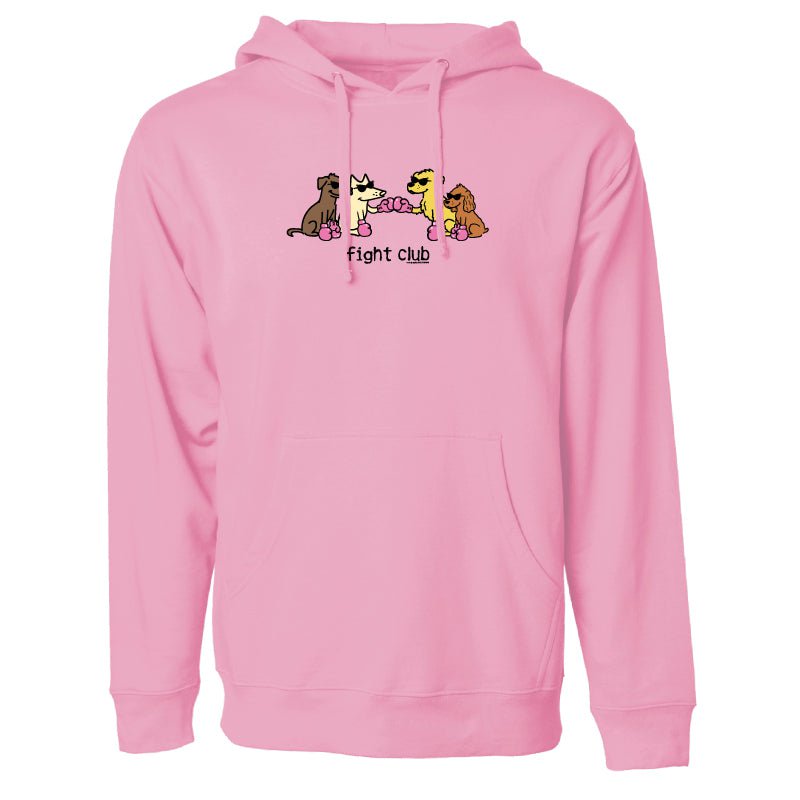 A pink pullover hoodie with a front kangaroo pocket and drawstring hood, featuring a graphic of four cartoon dogs in fighting poses with the text 'fight club' printed below them.