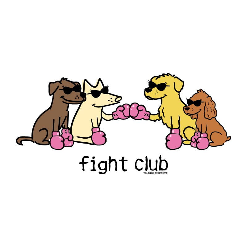 A cartoon graphic of four dogs wearing sunglasses and pink boxing gloves, facing each other with their paws on the boxing gloves, with the text 'fight club' underneath on a white background.