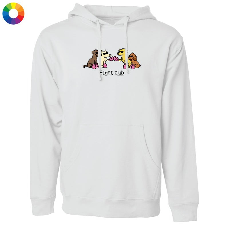 A white pullover hoodie with a graphic of four cartoon dogs wearing pink boxing gloves and the text 'fight club' printed on the chest, shown on a plain white background.
