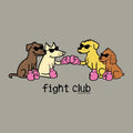 A graphic design featuring four cartoon dogs wearing sunglasses and pink boxing gloves, with the text 'fight club' below them, set against a solid taupe-gray background.