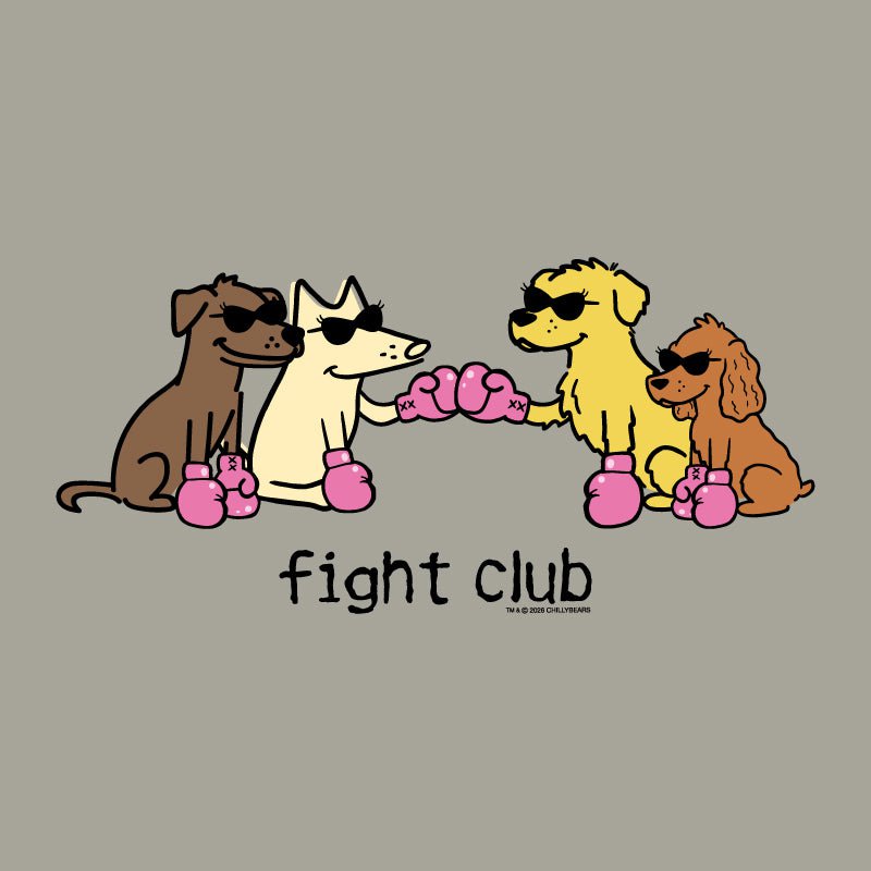 A graphic design featuring four cartoon dogs wearing sunglasses and pink boxing gloves, with the text 'fight club' below them, set against a solid taupe-gray background.