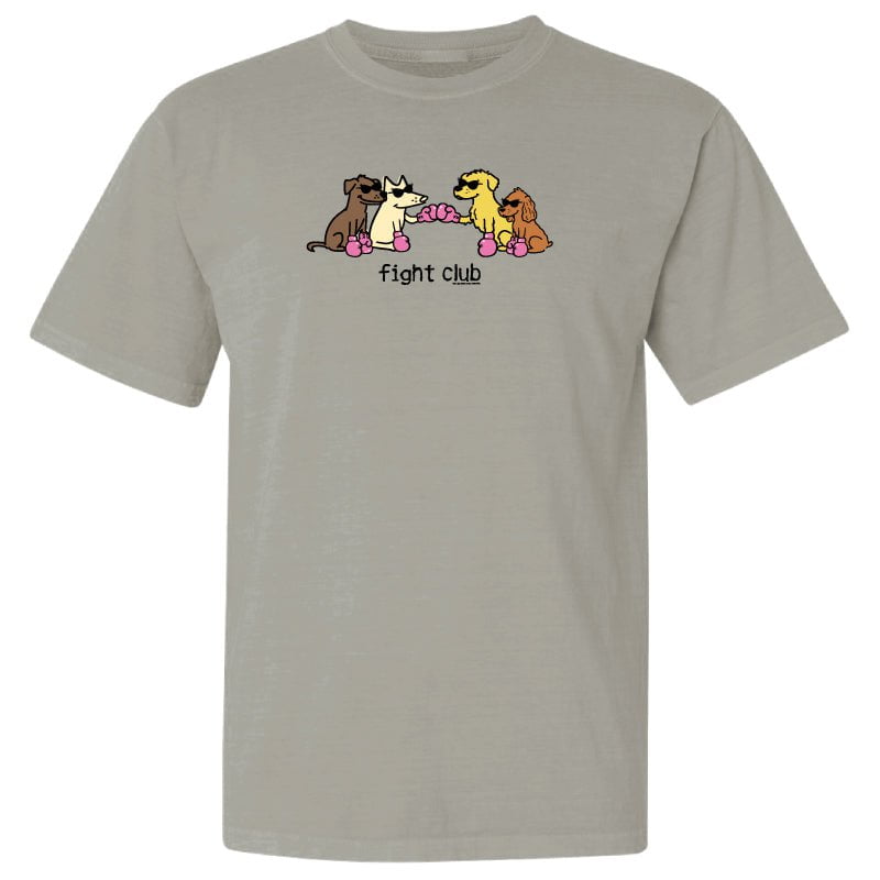 A light gray crewneck t-shirt featuring a cartoon graphic of four dogs sitting on pink roller skates with the text 'Fight Club' printed below them.