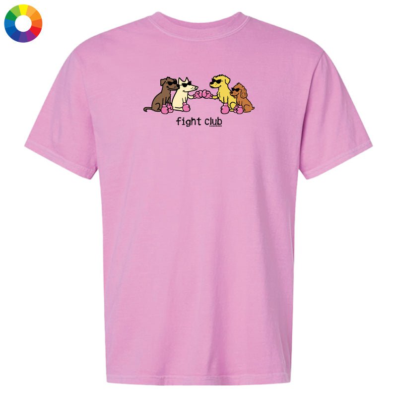A light pink short-sleeve crewneck t-shirt featuring a cartoon graphic of four fighting dogs with the text 'fight club' printed below them, displayed on a solid white background.