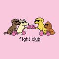 A pink graphic print featuring four cartoon dogs wearing sunglasses and pink boxing gloves, with the text 'fight club' below them.