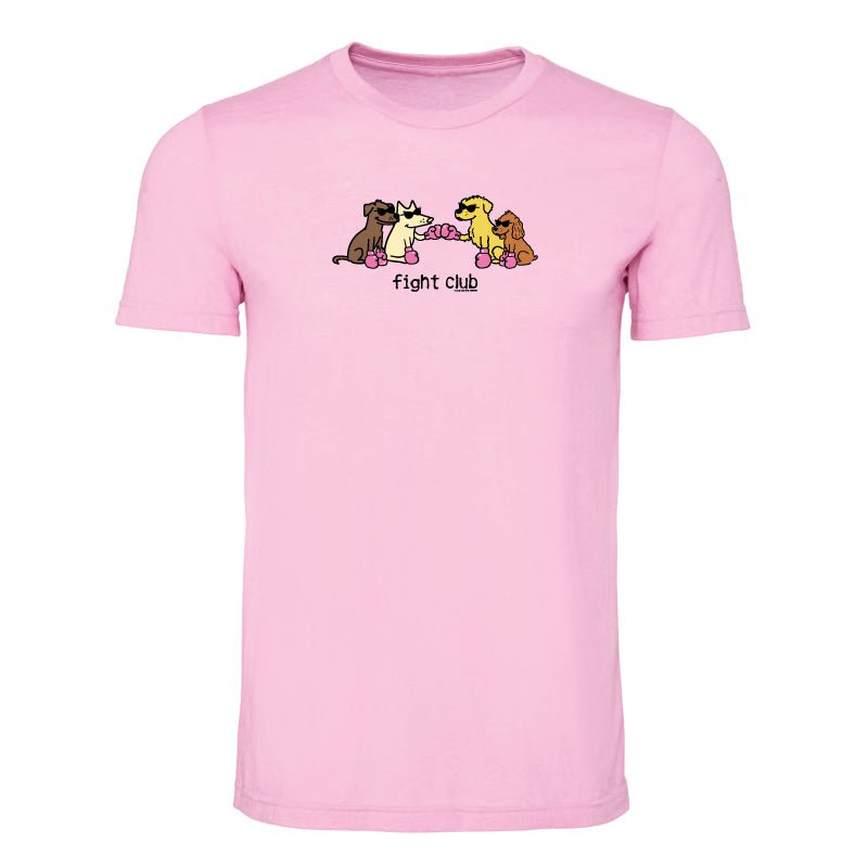 A light pink short-sleeve crewneck t-shirt featuring a cartoon graphic of four dogs wearing pink boxing gloves with the text 'fight club' printed below them.