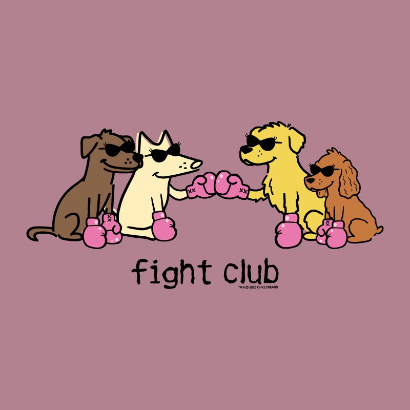 A graphic illustration on a dusty mauve background featuring four cartoon dogs wearing pink boxing gloves and sunglasses, with the text 'fight club' below them.