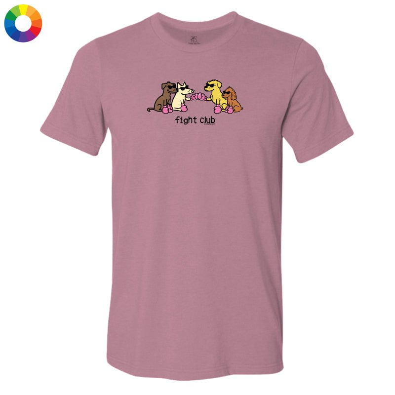 A heathered dusty rose short-sleeve t-shirt with a cartoon graphic of four dogs wearing pink heart-shaped shoes and the text 'fight club' printed on the chest, shown against a plain white background.