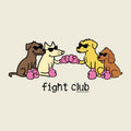 A cartoon-style graphic on a light beige background showing four dogs wearing pink boxing gloves and sunglasses, with the text 'fight club' below them. Small text at the bottom right reads '© 2023 GOOD CALIFORNIA'.