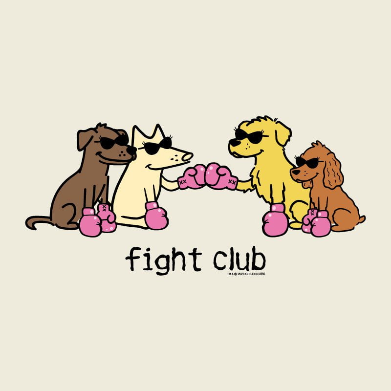 A cartoon-style graphic on a light beige background showing four dogs wearing pink boxing gloves and sunglasses, with the text 'fight club' below them. Small text at the bottom right reads '© 2023 GOOD CALIFORNIA'.