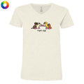 A women's short-sleeve V-neck t-shirt in a light heathered cream/off-white color, featuring a cartoon graphic of four dogs in a fight pose with the text 'fight club' printed below. A small multicolor color wheel icon is visible in the top-left corner.